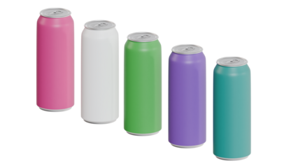Aluminium bottles for drinks without logo (mock up) in different colors isolated on a white background, side view
