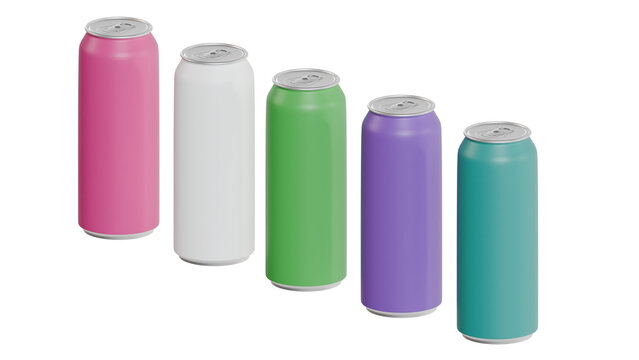 Aluminium bottles for drinks without logo (mock up) in different colors isolated on a white background, side view