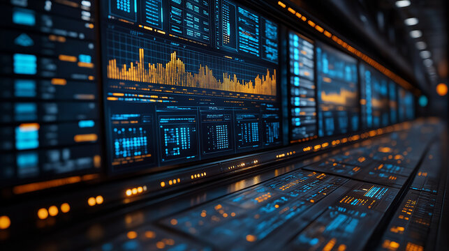 Data-Driven Insights: A close-up shot of a futuristic control room featuring a wall of glowing digital screens displaying complex data visualizations.