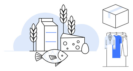 Milk carton, cheese block, fish, egg, wheat stalks, package box, and clothing on a rack. Ideal for food packaging, grocery shopping healthy eating campaigns nutrition guides e-commerce retail
