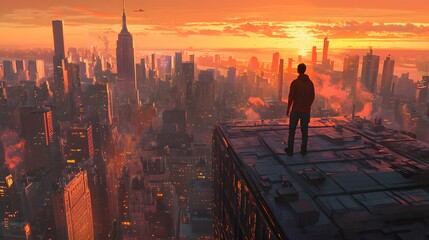 Fototapeta premium Wide shot of a man standing on the roof of a skyscraper, gazing at a bustling city skyline during golden hour.