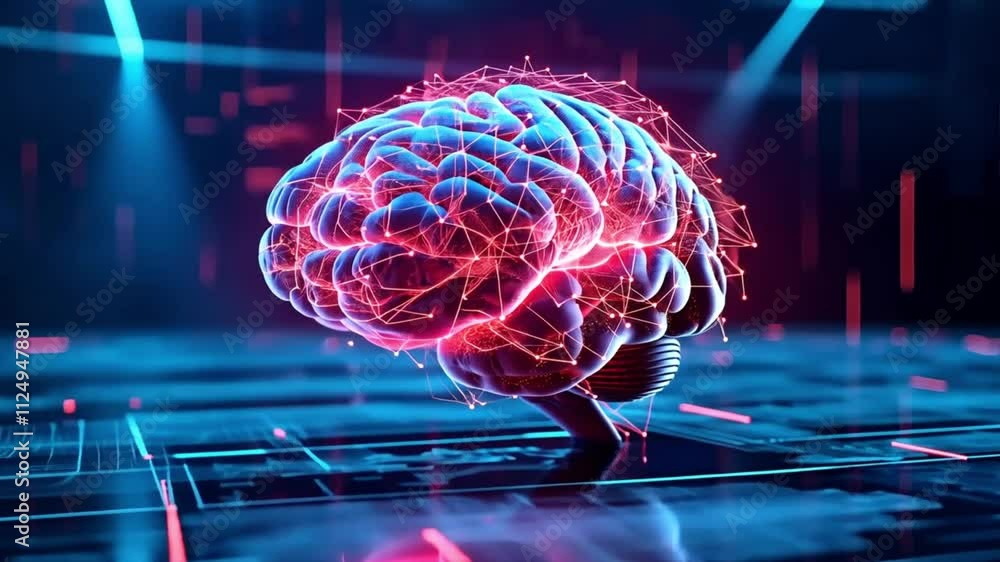Poster a vibrant brain model with neon lights depicting neural activity in a modern tech setting. concept o