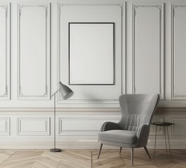 A minimalist living room with a grey armchair. a black floor lamp. and a black framed poster on a white paneled wall The floor is made of wooden planks