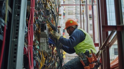 Electrical technician wiring installation in urban construction site a close-up perspective for safety awareness