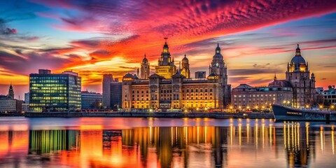 Naklejka premium Captivating Silhouette Photography of Liverpool's Iconic Skyline at Sunset with Majestic Buildings and a Colorful Sky Reflecting on the River Mersey