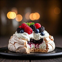 A beautiful and delicious pavlova dessert topped with fresh berries and whipped cream