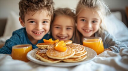 Children Enjoying Pancakes and Juice in Bed