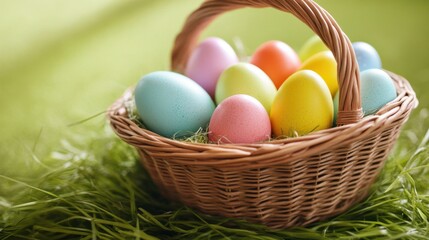 Colorful Easter Eggs in Wicker Basket on Green Grass