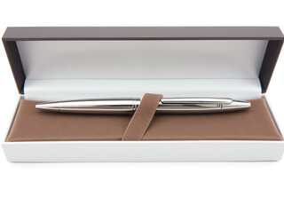 A silver pen placed inside a black box, set against a clean white background.