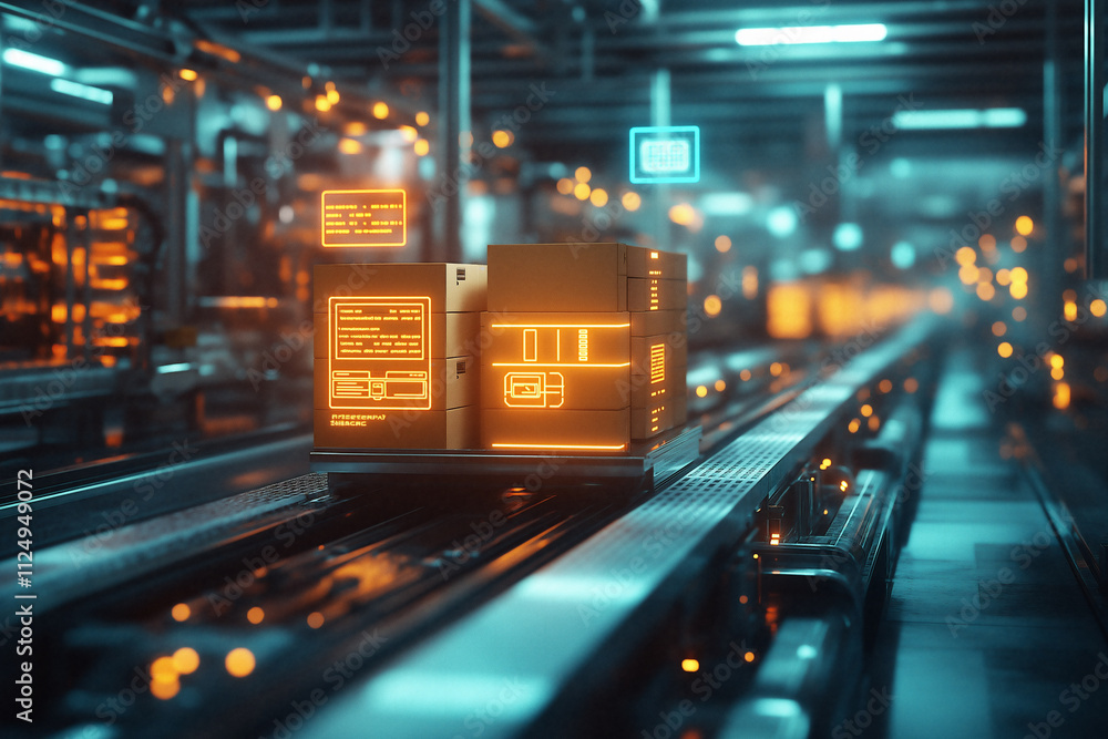 Poster high-tech automation at a modern warehouse during night operations. generative ai