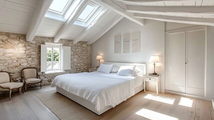Skylights and a white bed in a Scandinavian-style bedroom.