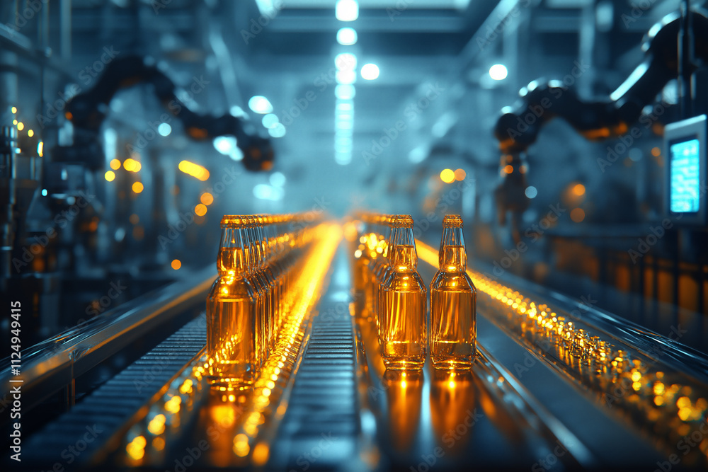 Poster automated bottling line with robotic arms in modern beverage factory. generative ai