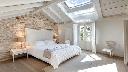 Skylights and a white bed in a Scandinavian-style bedroom.