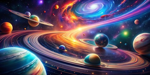 Captivating Space-Themed Long Exposure Photo with Swirling Neon Planets, Colorful Galaxies, and Shooting Stars in a Cosmic Dance of Light and Color