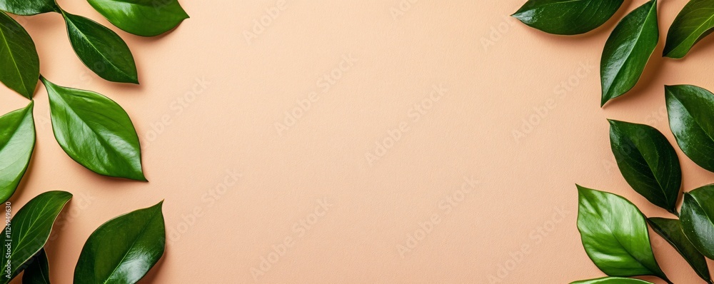 Poster green leaves bordering peach colored background creating copy space