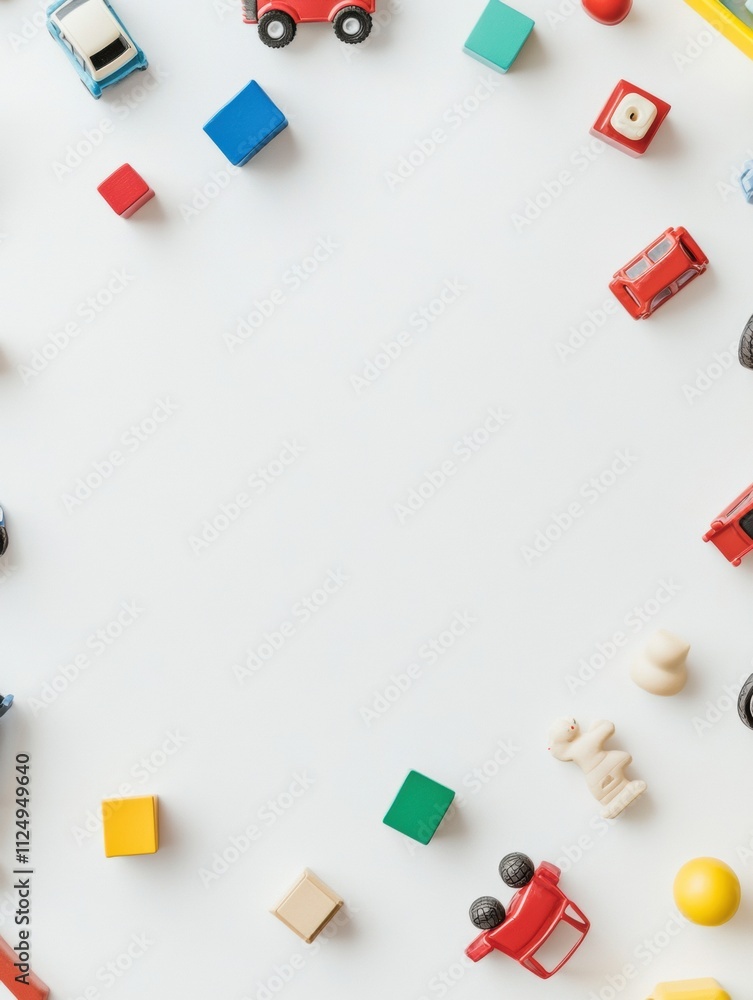Poster colorful children's toys like cars, dolls, and blocks are displayed on a white background to provide