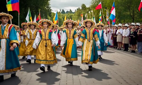 A vibrant parade featuring children in traditional costumes celebrating cultural heritage.