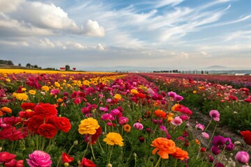 Vibrant field of colorful flowers under a blue sky.