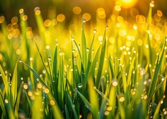 Fototapeta premium Captivating Spring Vegetation: Realistic Close-Up of Lush Green Grasses and Lawn in Low Light, Showcasing Nature's Beauty in a Serene Garden Setting