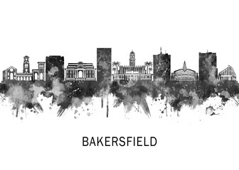 Obraz premium Bakersfield California Skyline BW, travel art illustration urban modern downtown landmarks skyscrapers artwork abstract architecture digital office home decor
