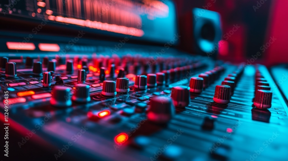 Poster dynamic music production session in a studio audio equipment showcase high-tech environment close-up