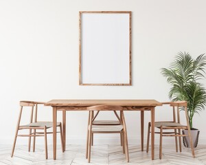 Minimalist dining room with wooden table. chairs. and a blank frame on the wall