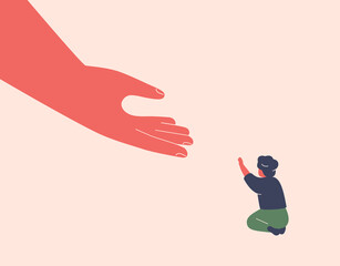 Adult gives hand to child. Small boy needs help and support from parent or care worker. Adoption concept. Trust and encouragement of kids from family, teachers, friends. Vector illustration
