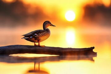 A single duck standing on a fallen tree branch that stretches over a misty lake at dawn