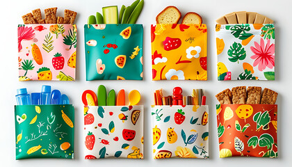 Fototapeta premium Colorful reusable snack pouches filled with various healthy snacks like fruits, vegetables, and crackers, showcasing vibrant patterns and designs. Perfect for on go snacking!