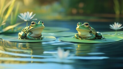 Two cute frogs on lily pads in a calm pond.