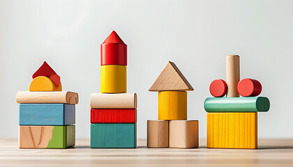 Colorful wooden block toy set for toddlers, featuring various shapes and sizes. Perfect for imaginative play and developing fine motor skills