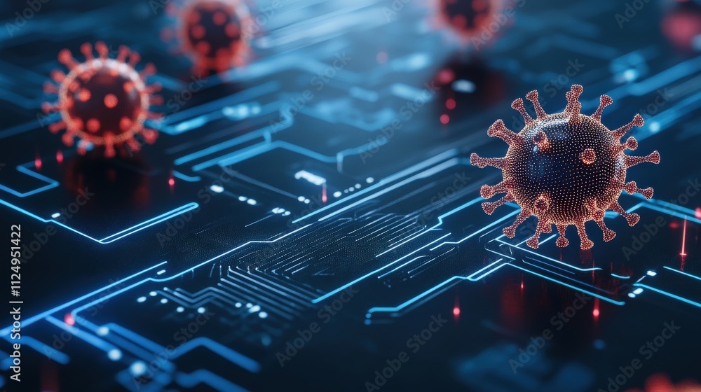 Poster Abstract representation of coronavirus particles interacting with a digital circuit board, symbolizing the intersection of technology and healthcare in the fight against viruses.