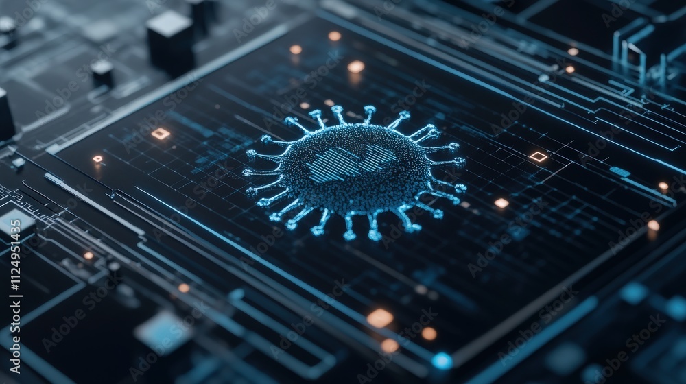 Poster abstract representation of a digital virus symbol overlaid on a futuristic circuit board background,