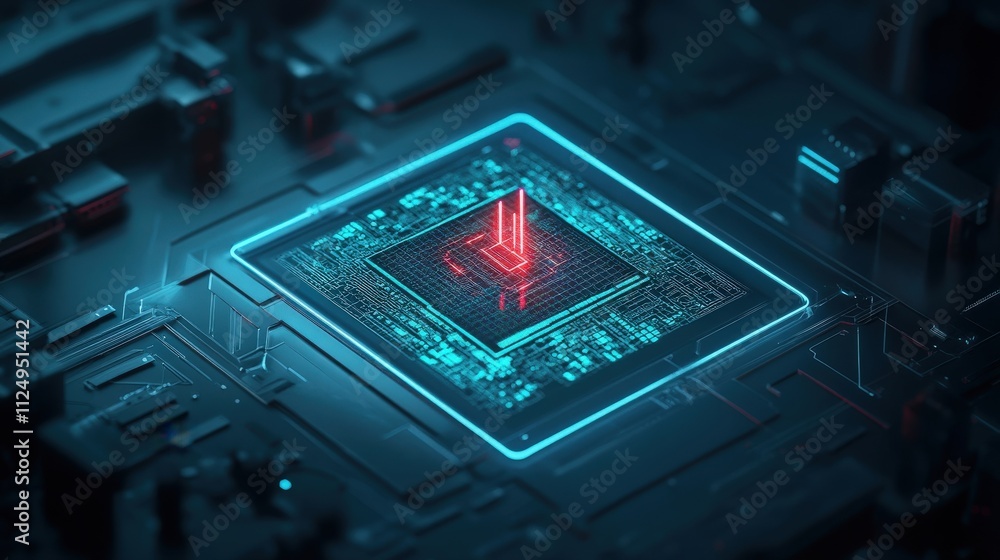 Poster Abstract digital representation of a microchip with glowing elements in a futuristic technological environment highlighting innovation and connectivity in computing systems