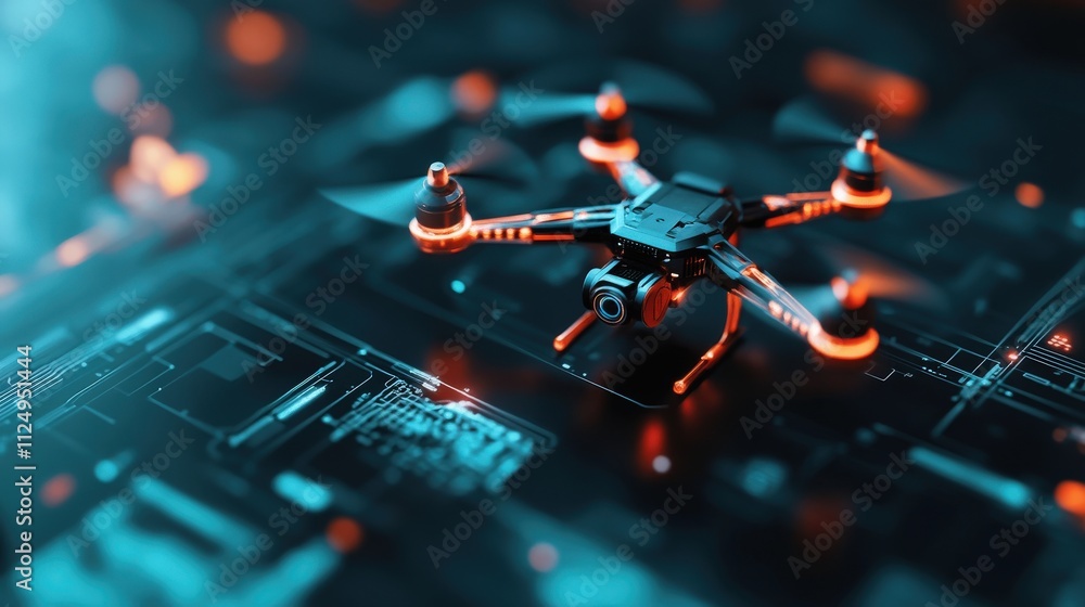 Aufkleber futuristic drone on high-tech circuit board background with neon lights, showcasing advanced technol