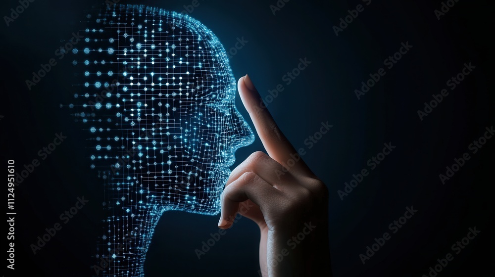 Poster human silhouette made of glowing dots with a hand touching the forehead, representing technology, in