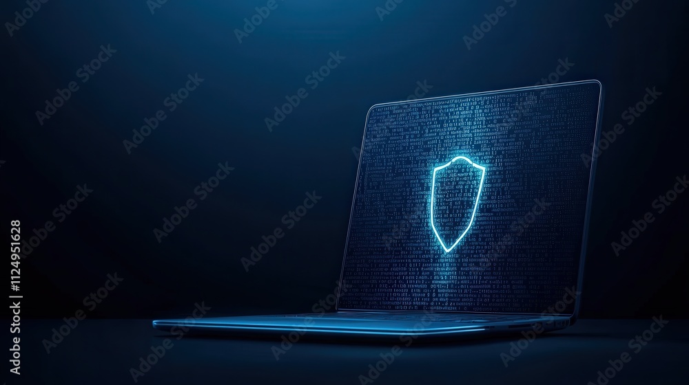 Aufkleber Virtual Security Concept on Laptop Screen Featuring Shield Icon Representing Cyber Protection and Data Privacy in Digital Landscape with Binary Code Background