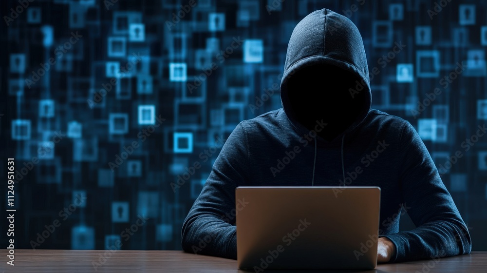 Poster mysterious figure in hoodie working on laptop against digital background with abstract shapes and pa