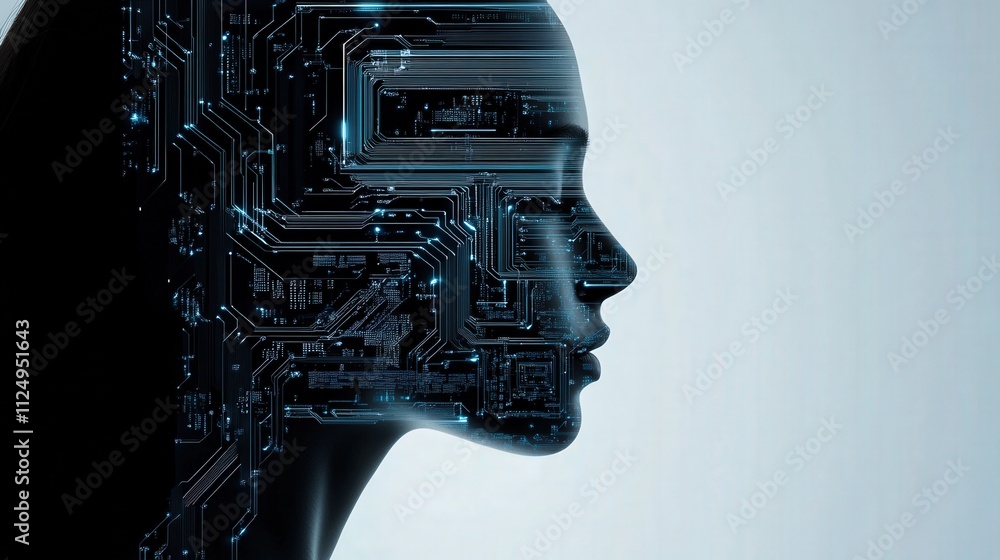 Aufkleber Abstract Representation of a Female Silhouette Merged with Futuristic Circuit Patterns, Symbolizing the Intersection of Technology and Human Intelligence