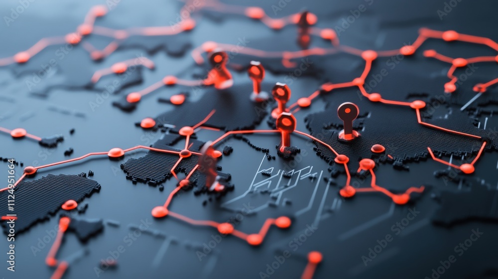Poster Abstract digital map with red connection lines and location pins representing global networking and technology advancements for conceptual illustration in business and data analysis