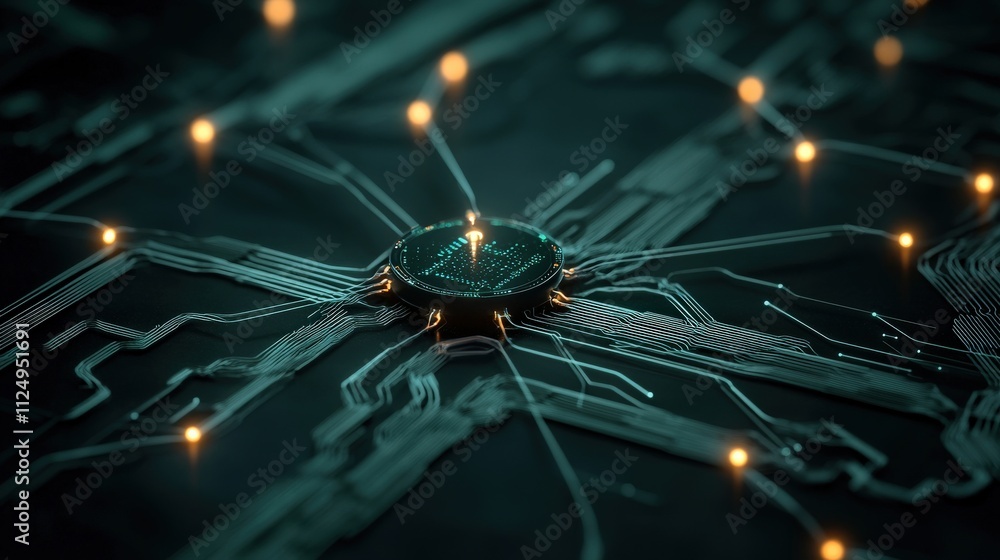 Poster detailed close-up of a vibrant circuit board with glowing connections and intricate lines, showcasin