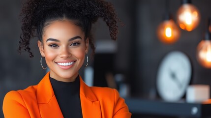 Young beautiful tech business woman radiates positivity at modern desk in stylish workspace with black and orange decor