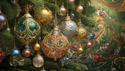 Beautiful colorful ornamental baubles hanging on green Christmas tree.