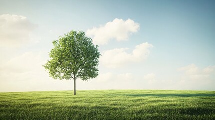 Fototapeta premium Lonely tree growing in a green field under blue sky