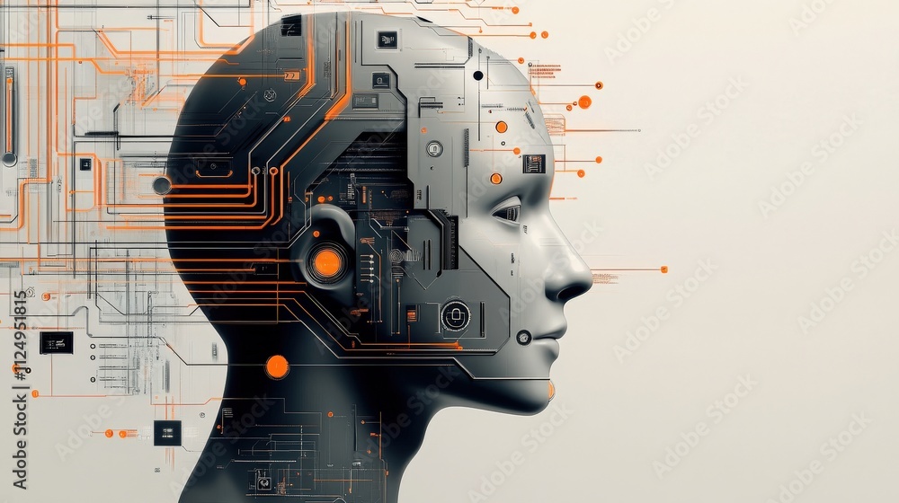 Poster Futuristic Head with Circuitry Design Illustrating the Concept of Artificial Intelligence and Human-Machine Interaction in Technology and Innovation