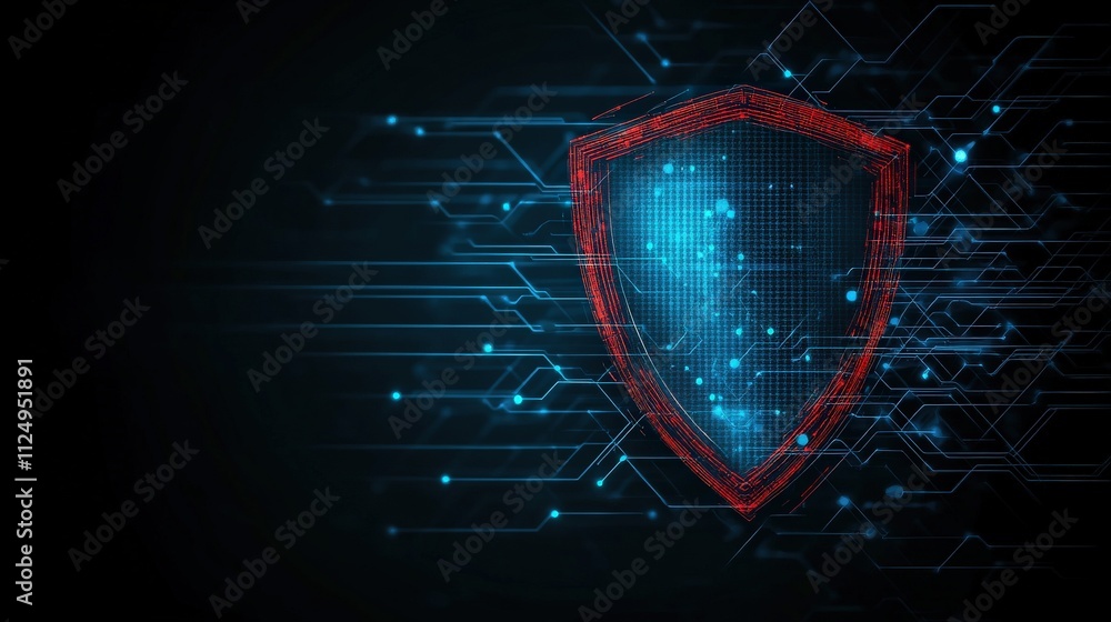 Poster Digital Shield Concept Representing Cybersecurity Protection in a Modern Abstract Design with Glowing Blue and Red Lights on a Dark Background
