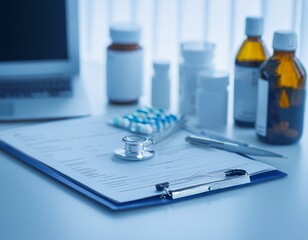 Medicines, bottles and prescriptions on the doctor desk in the clinic. 