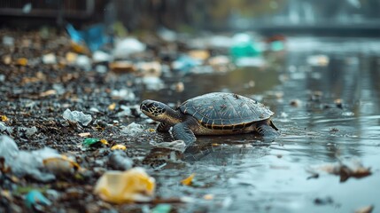 Obraz premium An endangered turtle struggles on a polluted shore, surrounded by plastic debris and litter in an ocean ecosystem. The stark contrast emphasizes the urgent need for environmental action