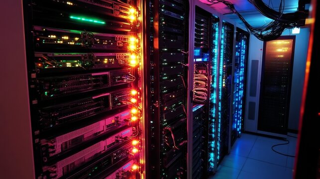 Server room with colorful led lights data center digital technology environment futuristic perspective networking concept