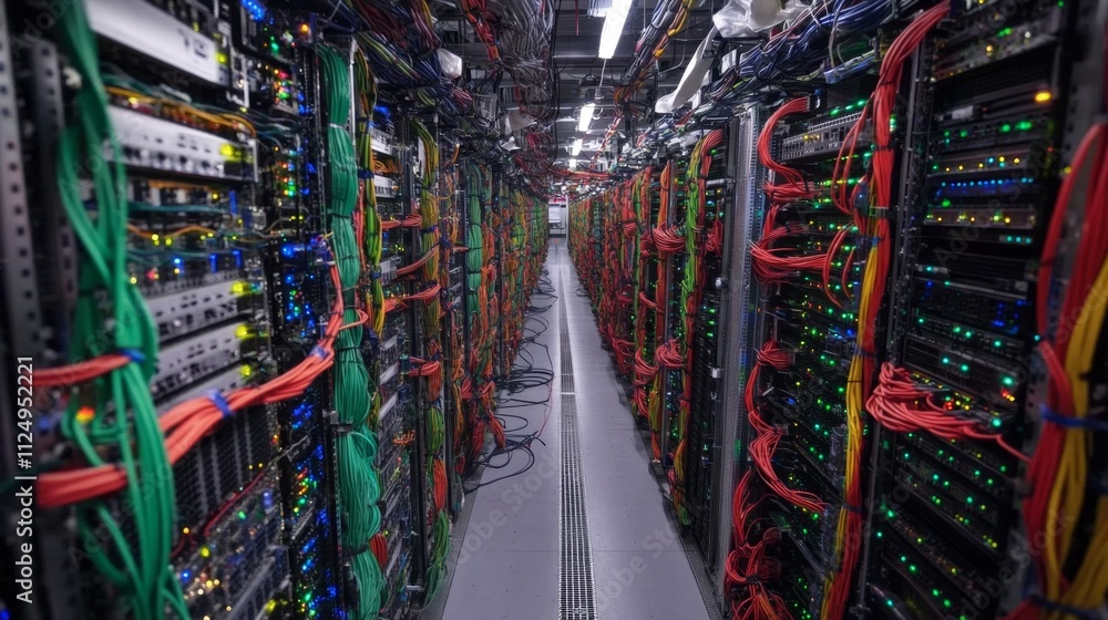 Poster data center operations high-tech facility infrastructure photo server environment aisle perspective 